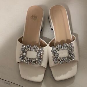 Elegant White Embellished Slide Sandals